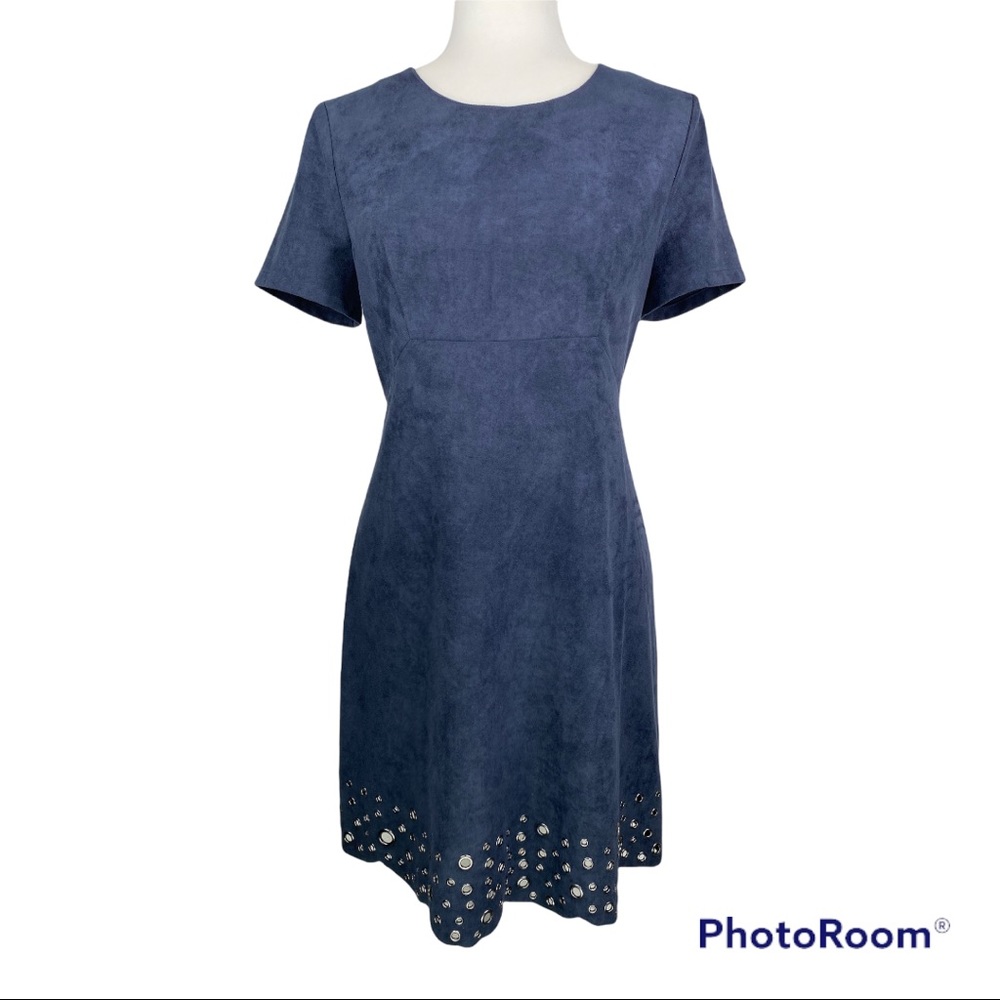 NWT Sugar + Lips Navy Faux Suede Dress Pewter Grommet Hem Fit & Flair Size Small